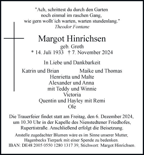 Traueranzeige von Margot Hinrichsen von Hamburger Abendblatt