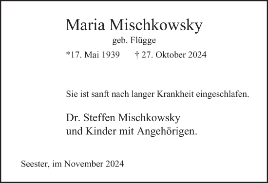 Traueranzeige von Maria Mischkowsky von Hamburger Abendblatt