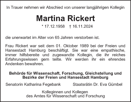 Traueranzeige von Martina Rickert von Hamburger Abendblatt
