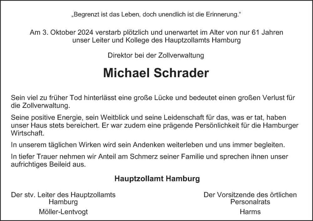  Traueranzeige für Michael Schrader vom 02.11.2024 aus Hamburger Abendblatt