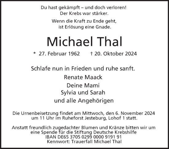 Traueranzeige von Michael Thal von Hamburger Abendblatt