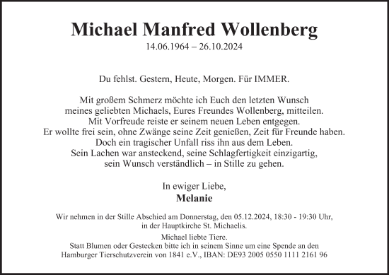 Traueranzeige von Michael  Wollenberg von Hamburger Abendblatt