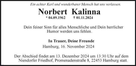 Traueranzeige von Norbert Kalinna von Hamburger Abendblatt