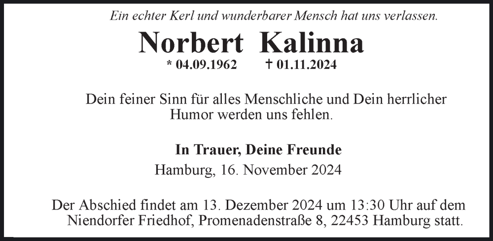  Traueranzeige für Norbert Kalinna vom 23.11.2024 aus Hamburger Abendblatt