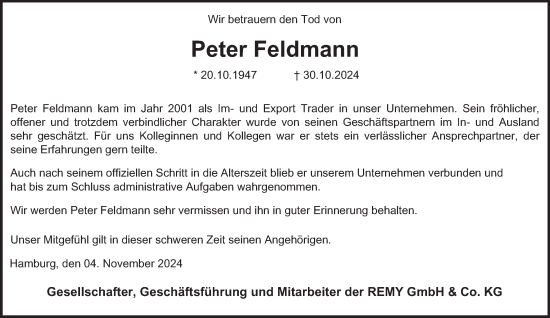 Traueranzeige von Peter Feldmann von Hamburger Abendblatt