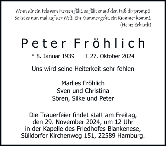 Traueranzeige von Peter Fröhlich von Hamburger Abendblatt