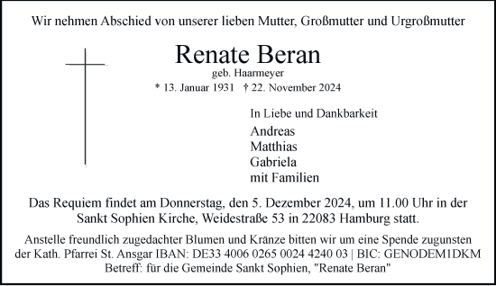 Traueranzeige von Renate Beran von Hamburger Abendblatt