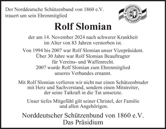Traueranzeige von Rolf Slomian von Hamburger Abendblatt
