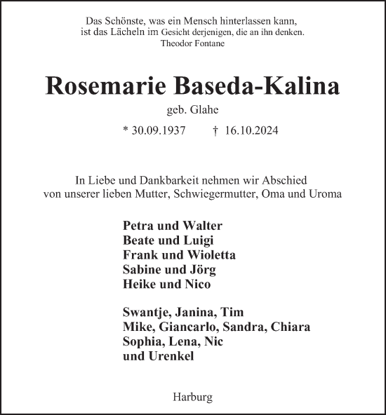 Traueranzeige von Rosemarie Baseda-Kalina 