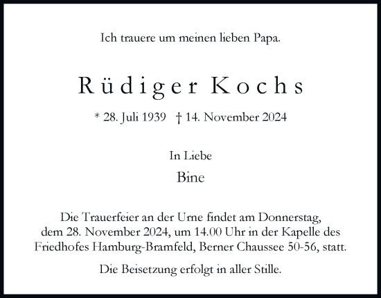Traueranzeige von Rüdiger Kochs von Hamburger Abendblatt
