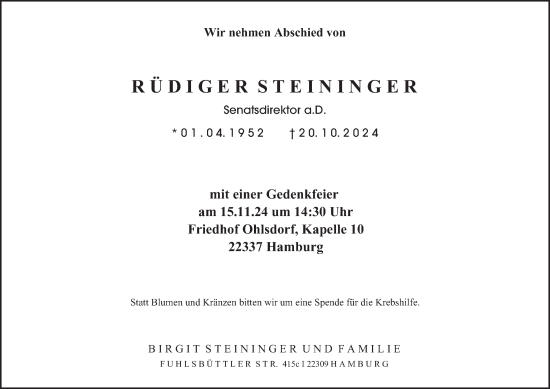 Traueranzeige von Rüdiger Steininger von Hamburger Abendblatt