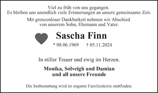 Traueranzeige von Sascha Finn 