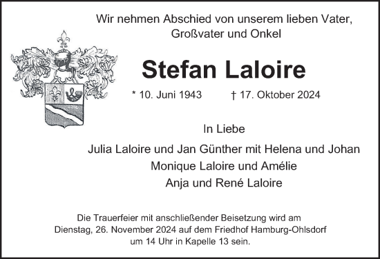 Traueranzeige von Stefan Laloire von Hamburger Abendblatt