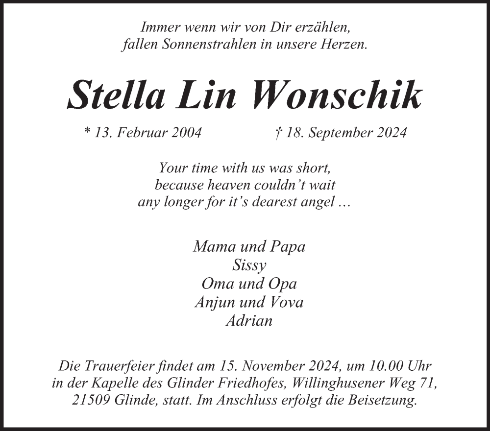  Traueranzeige für Stella Lin Wonschik vom 13.11.2024 aus 