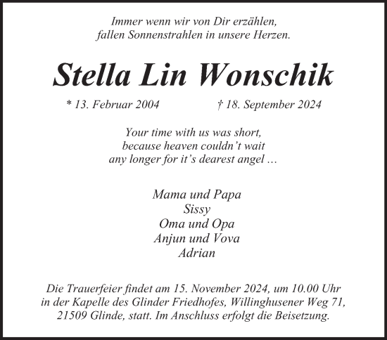 Traueranzeige von Stella Lin Wonschik 