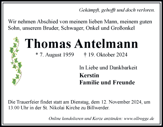 Traueranzeige von Thomas Antelmann von Bergedorfer Zeitung