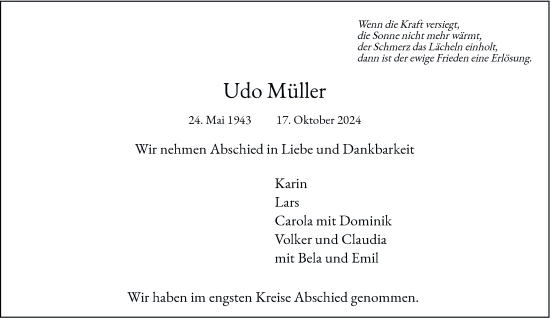 Traueranzeige von Udo Müller von Bergedorfer Zeitung