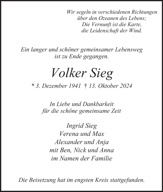 Traueranzeige von Volker Sieg von Hamburger Abendblatt