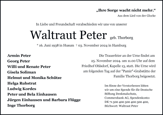 Traueranzeige von Waltraut Peter von Hamburger Abendblatt