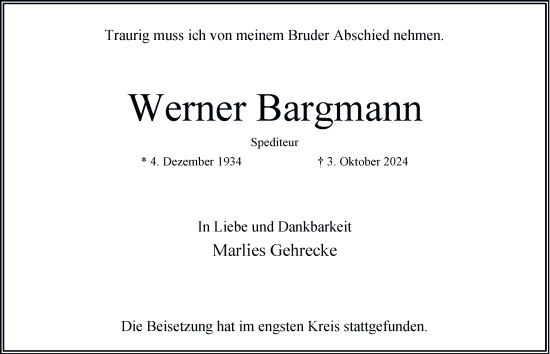 Traueranzeige von Werner Bargmann von Hamburger Abendblatt