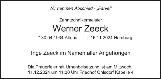Traueranzeige von Werner Zeeck von Hamburger Abendblatt