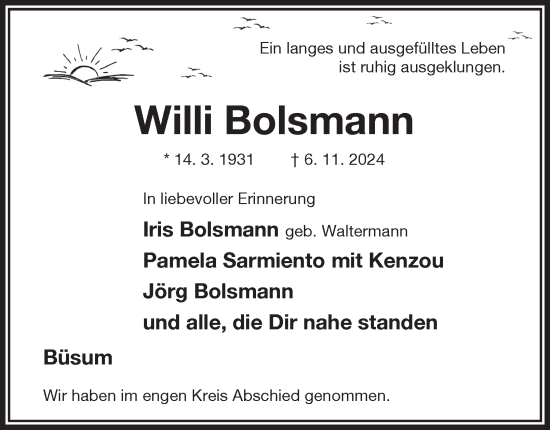 Traueranzeige von Willi Bolsmann von Hamburger Abendblatt