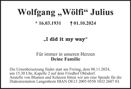 Traueranzeige von Wolfgang Julius von Hamburger Abendblatt