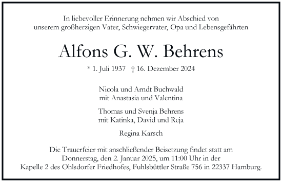 Traueranzeige von Alfons Behrens von Hamburger Abendblatt