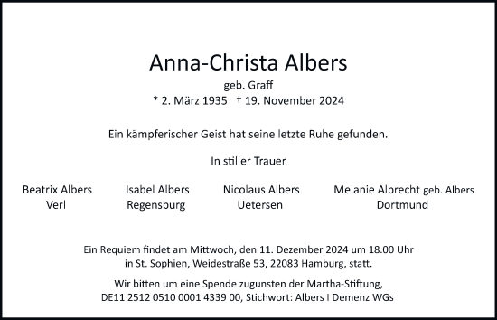 Traueranzeige von Anna-Christa Albers von Hamburger Abendblatt