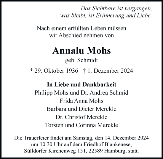 Traueranzeige von Annalu Mohs von Hamburger Abendblatt