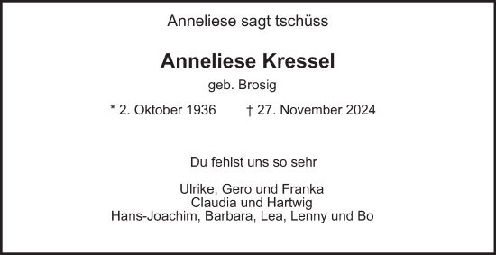 Traueranzeige von Anneliese Kressel von Hamburger Abendblatt