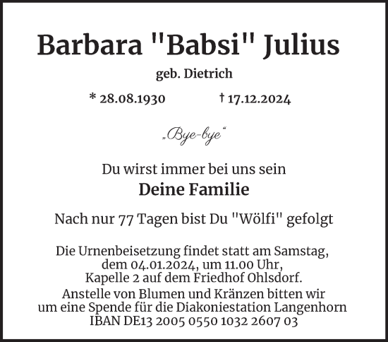 Traueranzeige von Barbara Julius von Hamburger Abendblatt