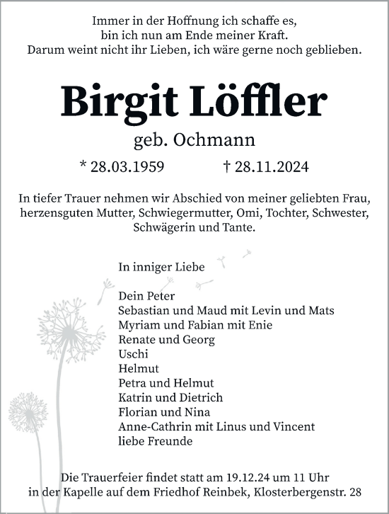 Traueranzeige von Birgit Löffler 