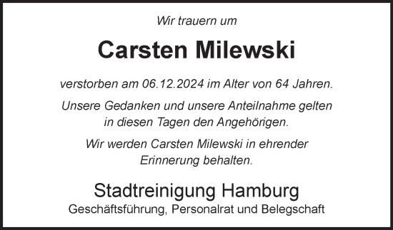 Traueranzeige von Carsten Milewski von Hamburger Abendblatt