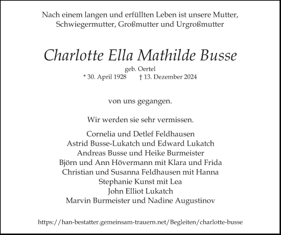 Traueranzeige von Charlotte Ella Mathilde Busse von Hamburger Abendblatt