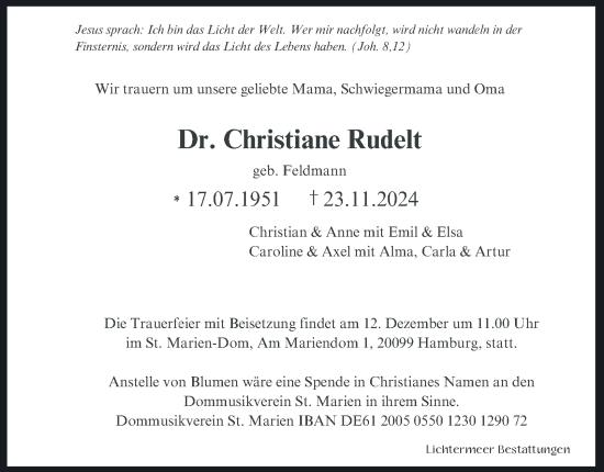 Traueranzeige von Christiane Rudelt von Hamburger Abendblatt