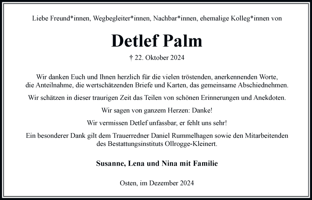  Traueranzeige für Detlef Palm vom 21.12.2024 aus Hamburger Abendblatt, Bergedorfer Zeitung