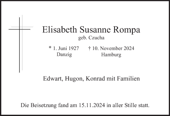 Traueranzeige von Elisabeth Susanne Rompa 