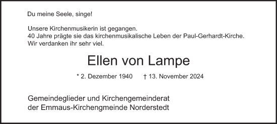 Traueranzeige von Ellen von Lampe von HA Regio Norderstedt