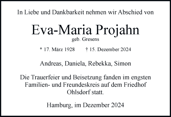 Traueranzeige von Eva-Maria  Projahn von Hamburger Abendblatt