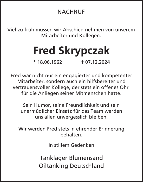 Traueranzeige von Fred Skrypczak 