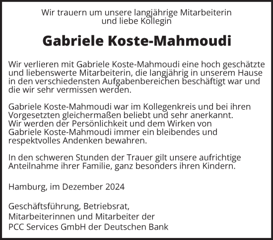 Traueranzeige von Gabriele Koste-Mahmoudi von Bergedorfer Zeitung