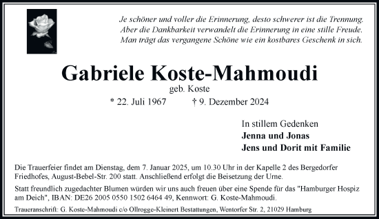 Traueranzeige von Gabriele Koste-Mahmoudi von Bergedorfer Zeitung