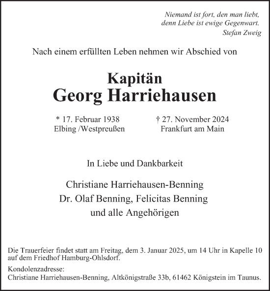 Traueranzeige von Georg Harriehausen von Hamburger Abendblatt