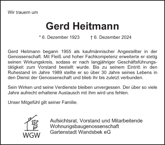 Traueranzeige von Gerd Heitmann von Hamburger Abendblatt