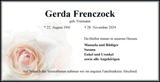 Traueranzeige von Gerda Frenczock von Bergedorfer Zeitung