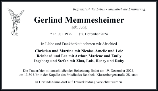 Traueranzeige von Gerlind Memmesheimer von Bergedorfer Zeitung