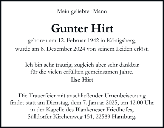 Traueranzeige von Gunter Hirt von Hamburger Abendblatt