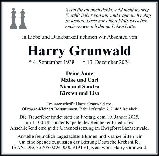 Traueranzeige von Harry Grunwald von Bergedorfer Zeitung