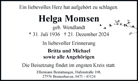 Traueranzeige von Helga Momsen von Hamburger Abendblatt